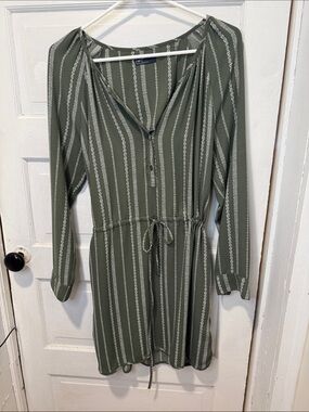 GAP Olive Green Vertical Stripe Drawstring Shirt Dress